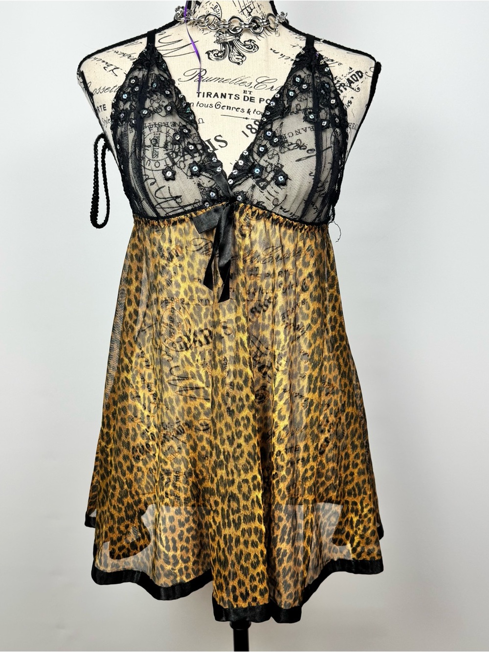Sheer Leopard Satin & Lace Babydoll Nightdress - Black and Gold